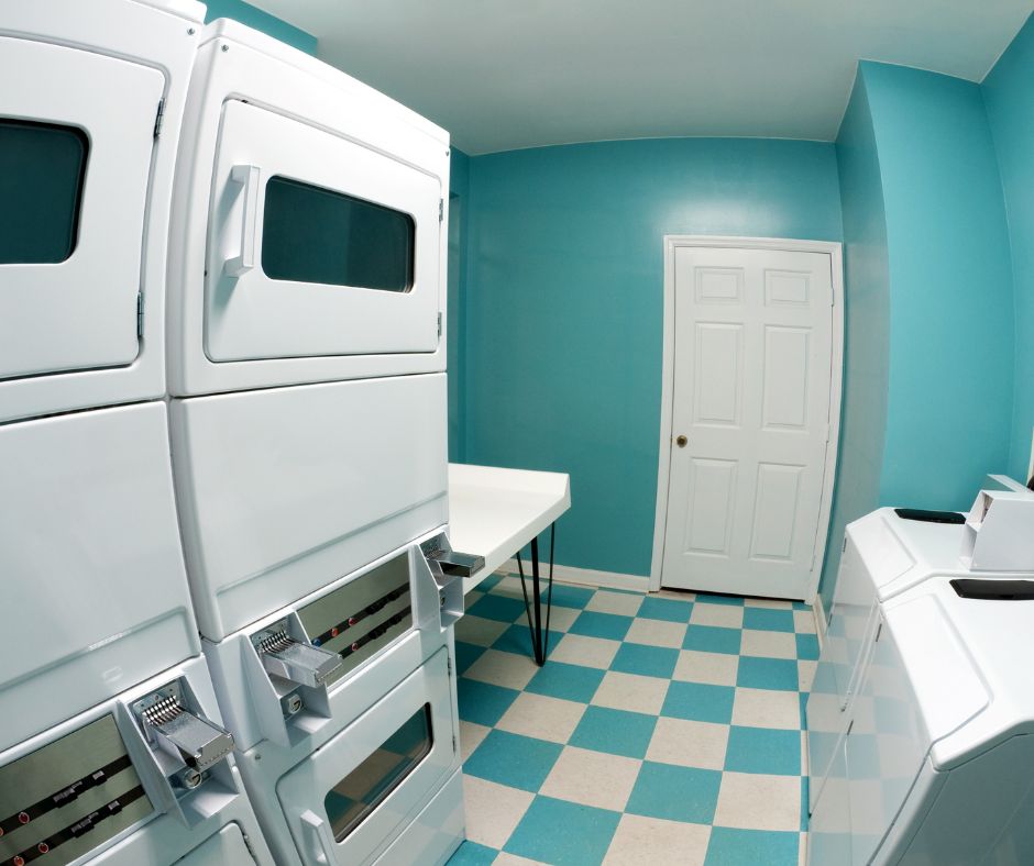 Laundromat Etiquette - an aqua colored apartment building laundromat - very retro image