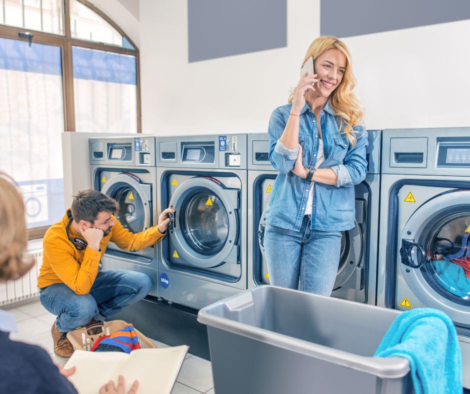 Laundromat Etiquette- image of a working laundromat with a man waiting, a girl on the phone, and more.